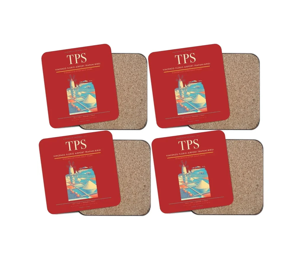 Vincenzo Florio Airport Trapani-Birgi (TPS) design on red 4 pieces set coaster