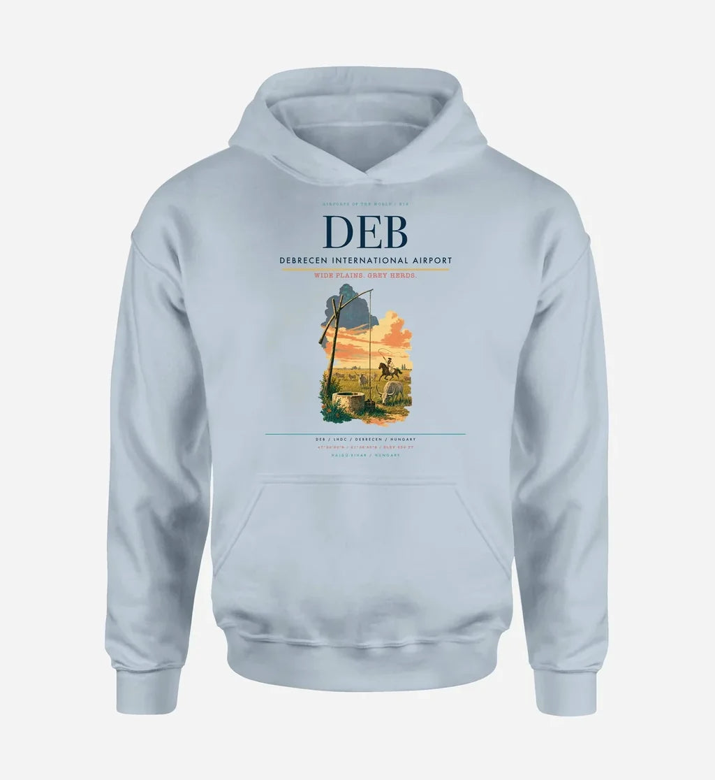 Debrecen International Airport (DEB) design on light blue hoodie single-side print