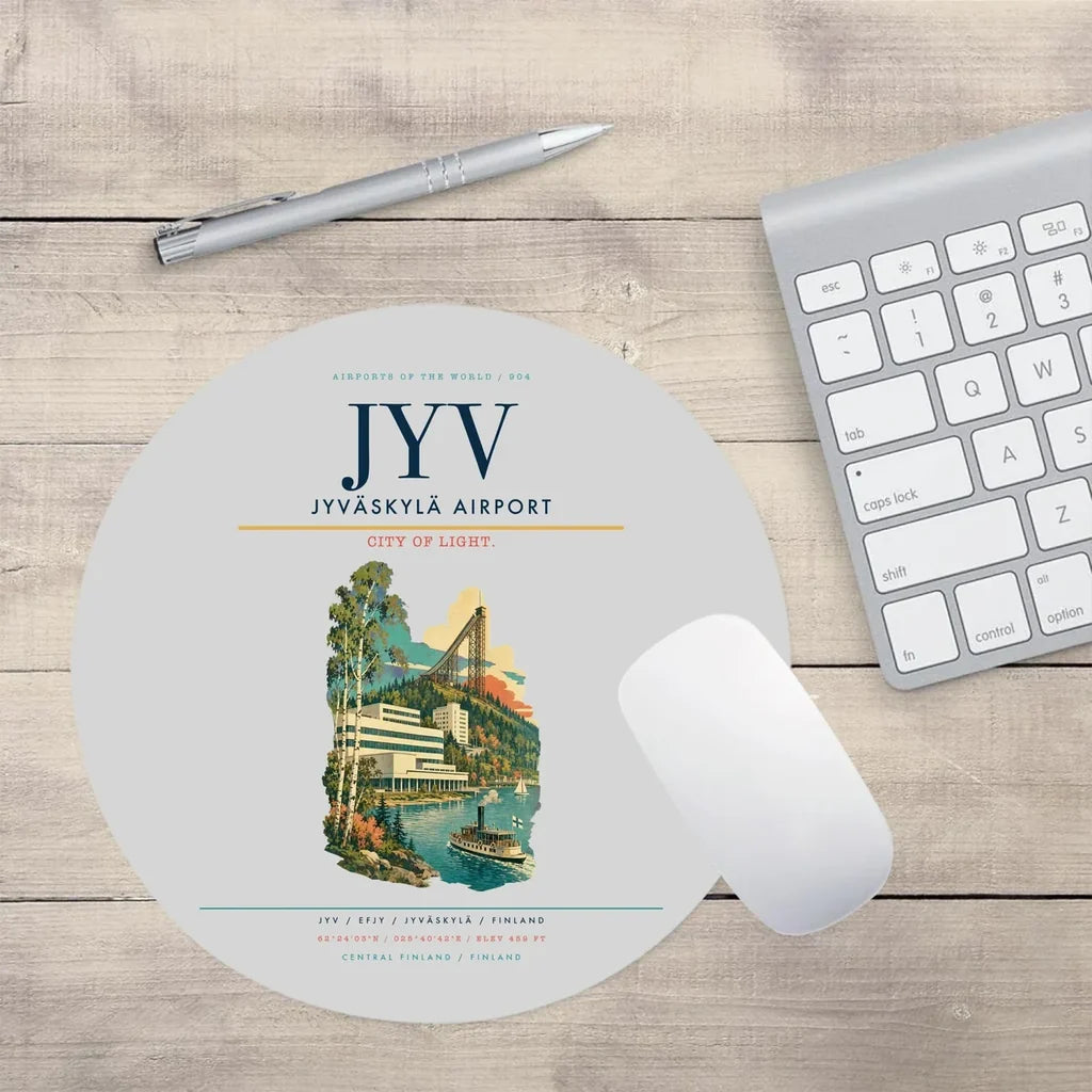 Jyväskylä Airport (JYV) design on light gray round mouse pad