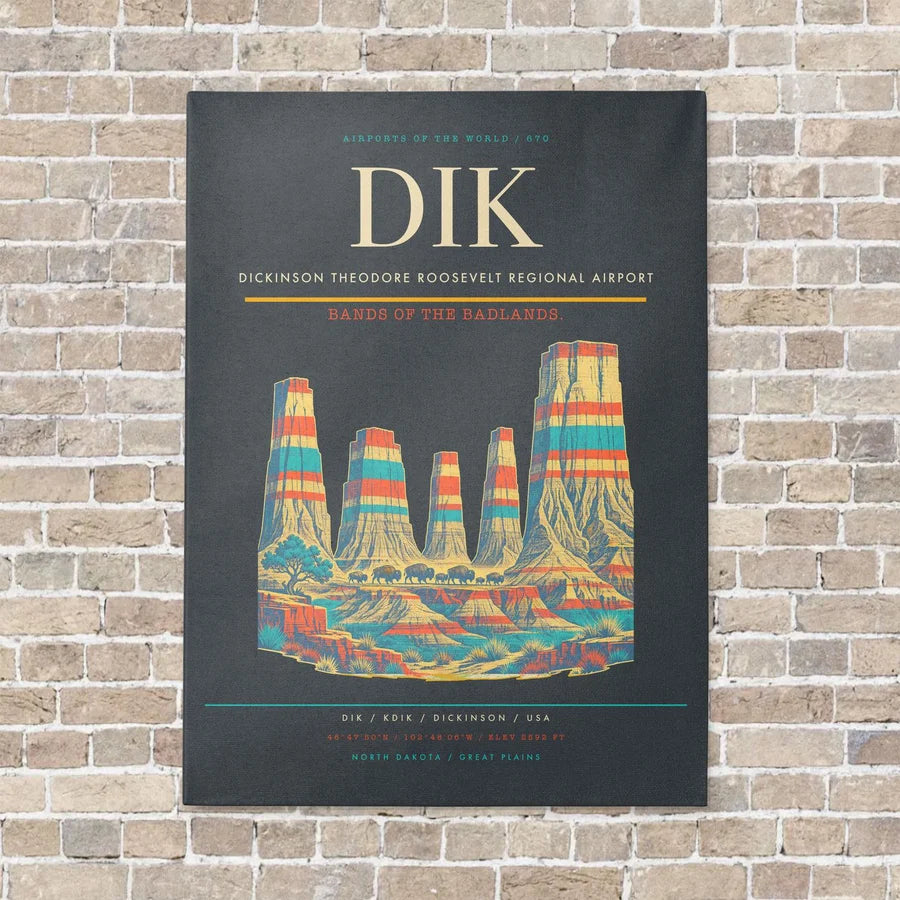 Dickinson Theodore Roosevelt Regional Airport DIK vertical canvas print - no frame - gray background