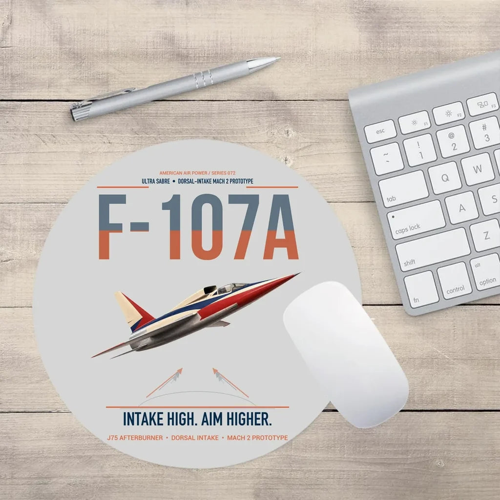 F-107A Ultra Sabre design on light gray round mouse pad