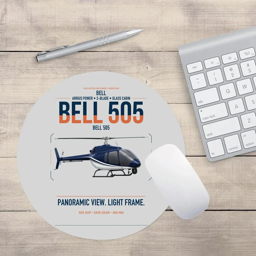 Bell 505 design on light gray round mouse pad