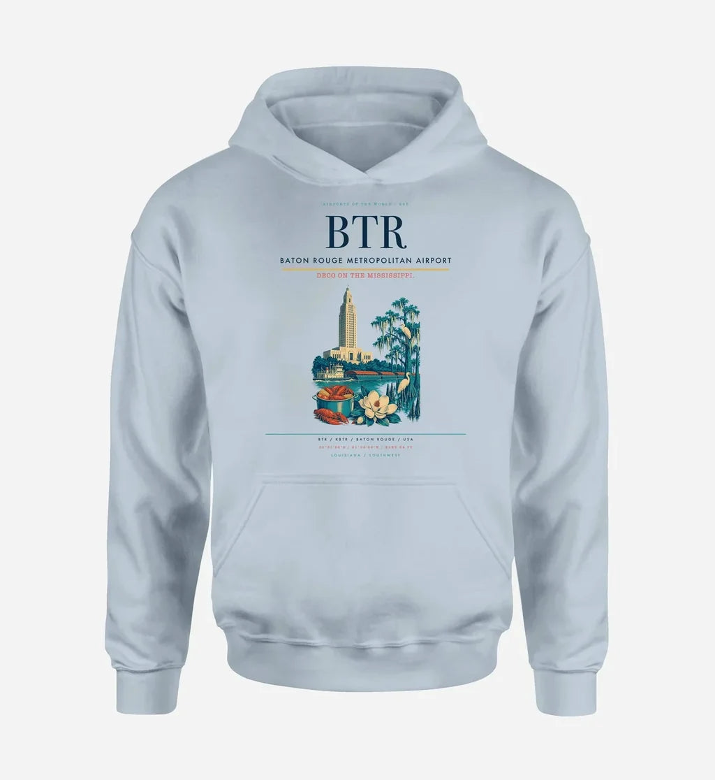 Baton Rouge Metropolitan Airport (BTR) design on light blue hoodie single-side print