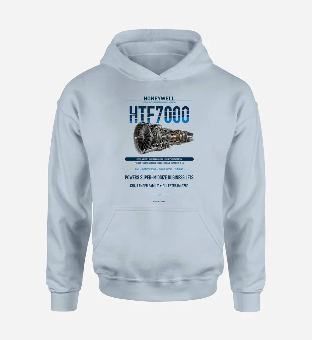 HTF7000 design on light blue hoodie single side