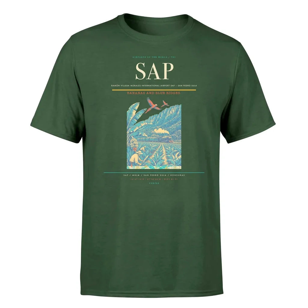 Ramón Villeda Morales International Airport (SAP) T-Shirt single-side front print in Dark Green | ramón-villeda-morales-international-airport-sap-double-side-t-shirt