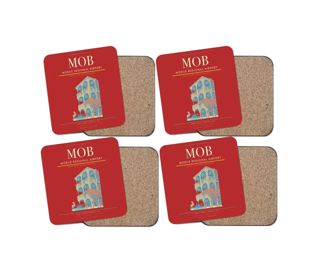 Mobile Regional Airport (MOB) design on red 4 pieces set coaster