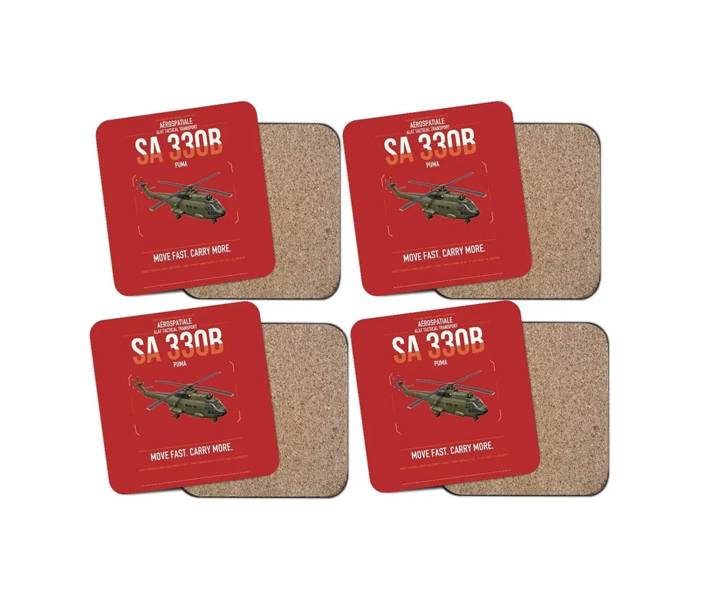 Aérospatiale SA 330B Puma design on red 4 pieces set coaster