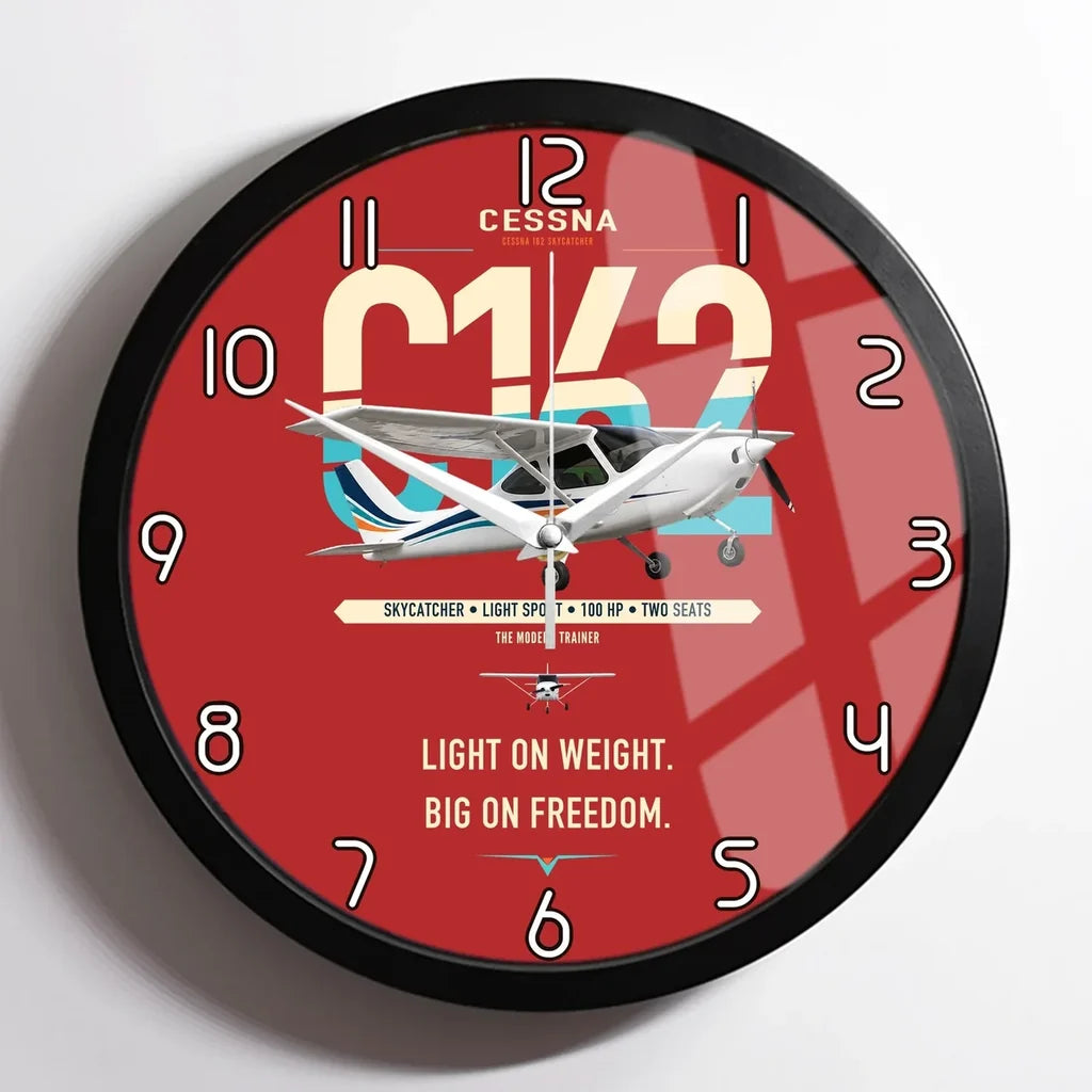 Cessna 162 Skycatcher design on red framed wall clock