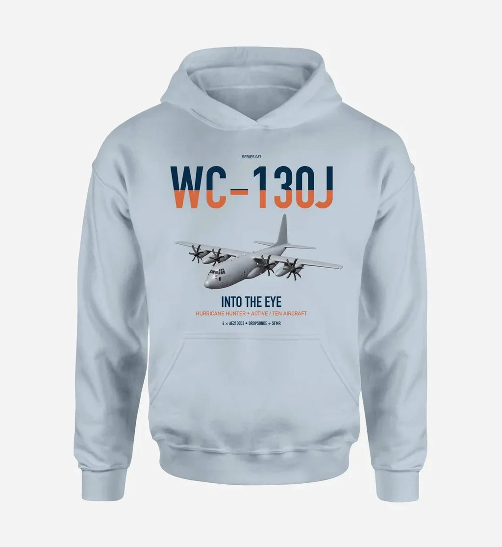 WC-130J Hurricane Hunter design on light blue double-side hoodie, single-side print