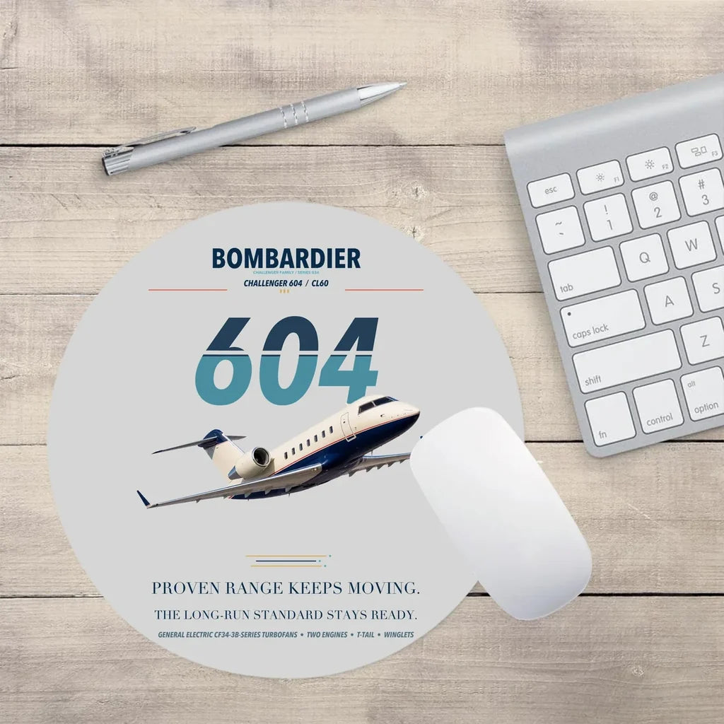 Bombardier Challenger 604 design on light gray round mouse pad