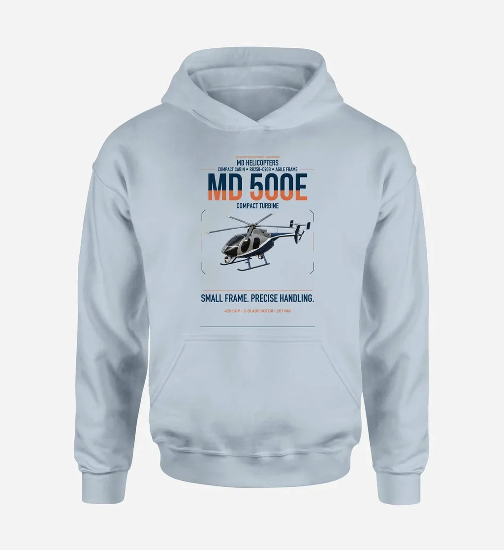 MD Helicopters MD 500E design on light blue double-side hoodie, single-side print