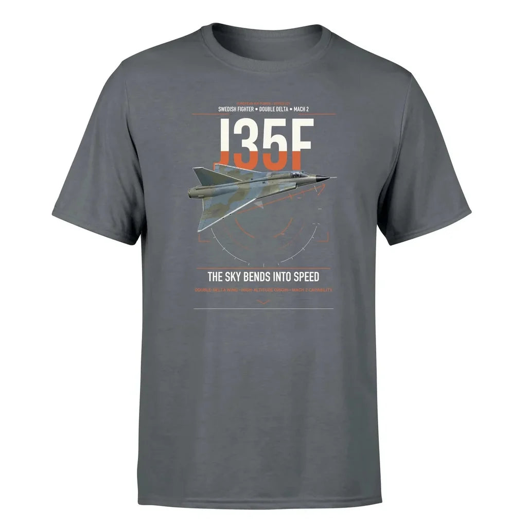 Saab J 35F Draken design on gray t-shirt, single-side print