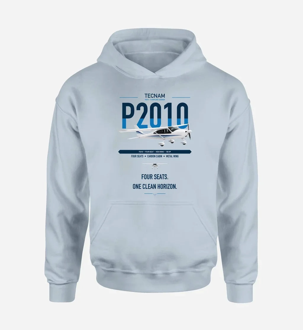 Tecnam P2010 design on light blue double-side hoodie, single-side print