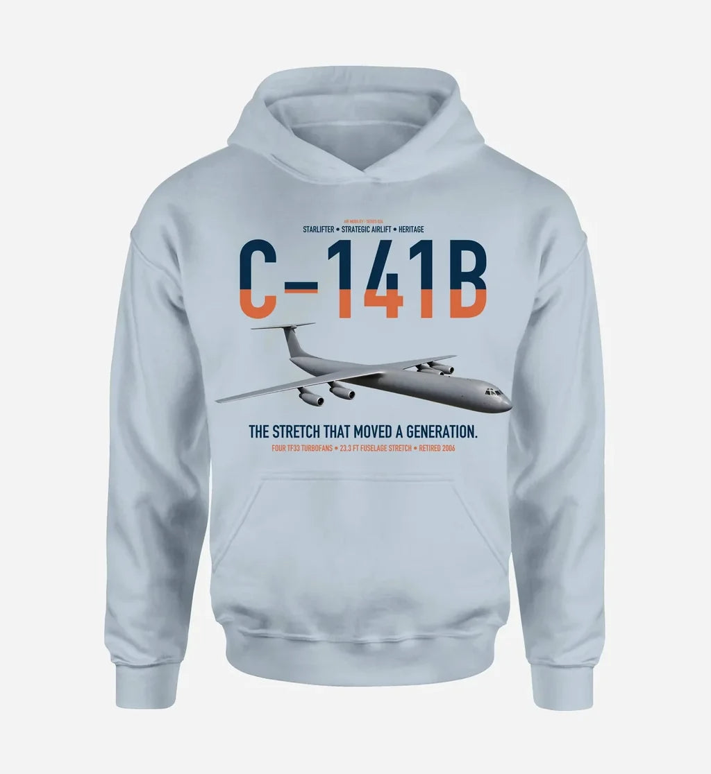 C-141B Starlifter design on light blue double-side hoodie, single-side print