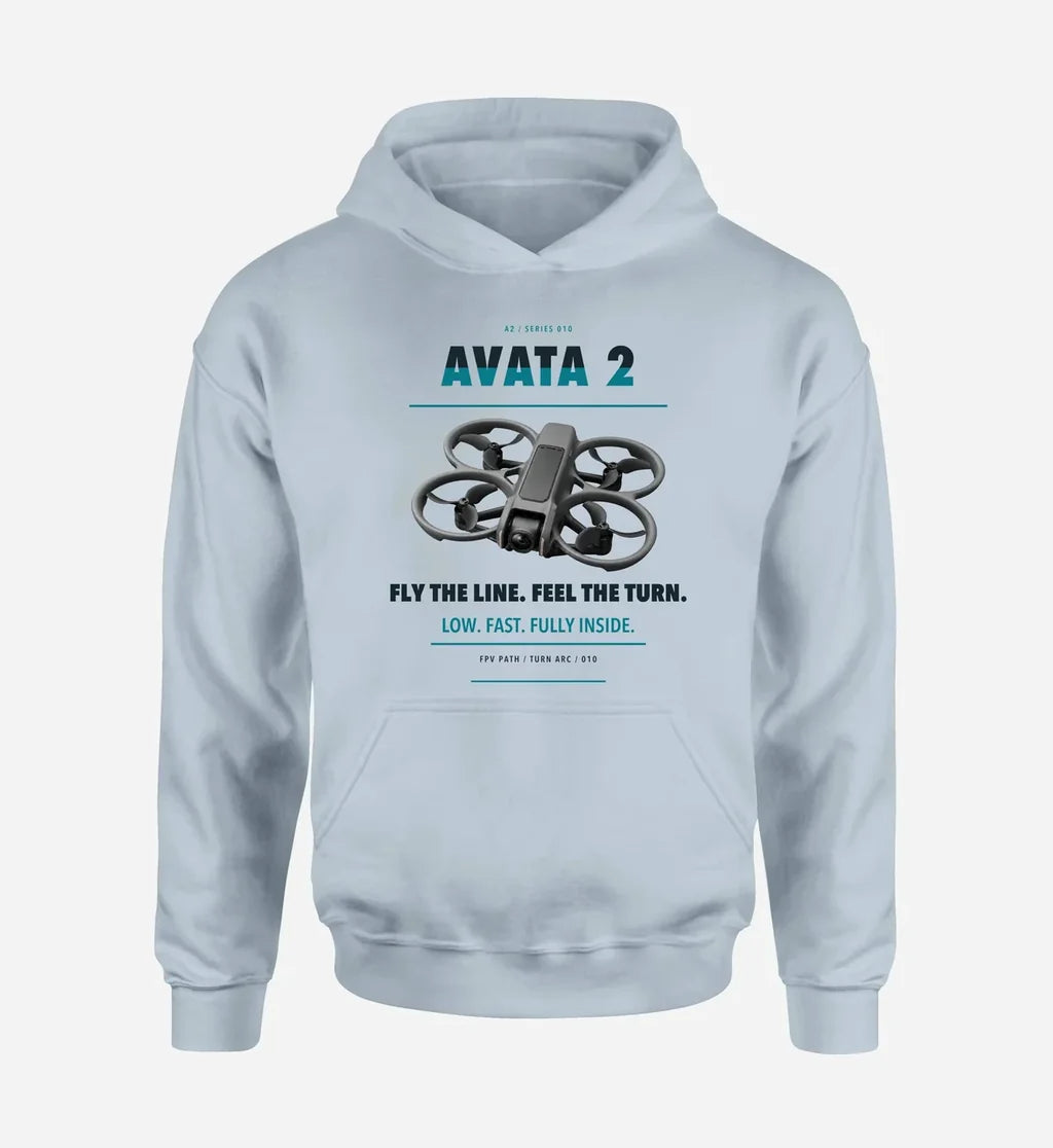 DJI Avata 2 design on light blue hoodie single side