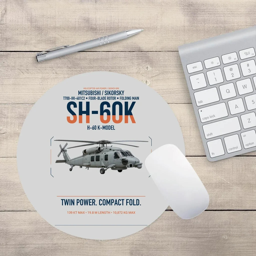 Mitsubishi Sikorsky SH-60K design on light gray round mouse pad