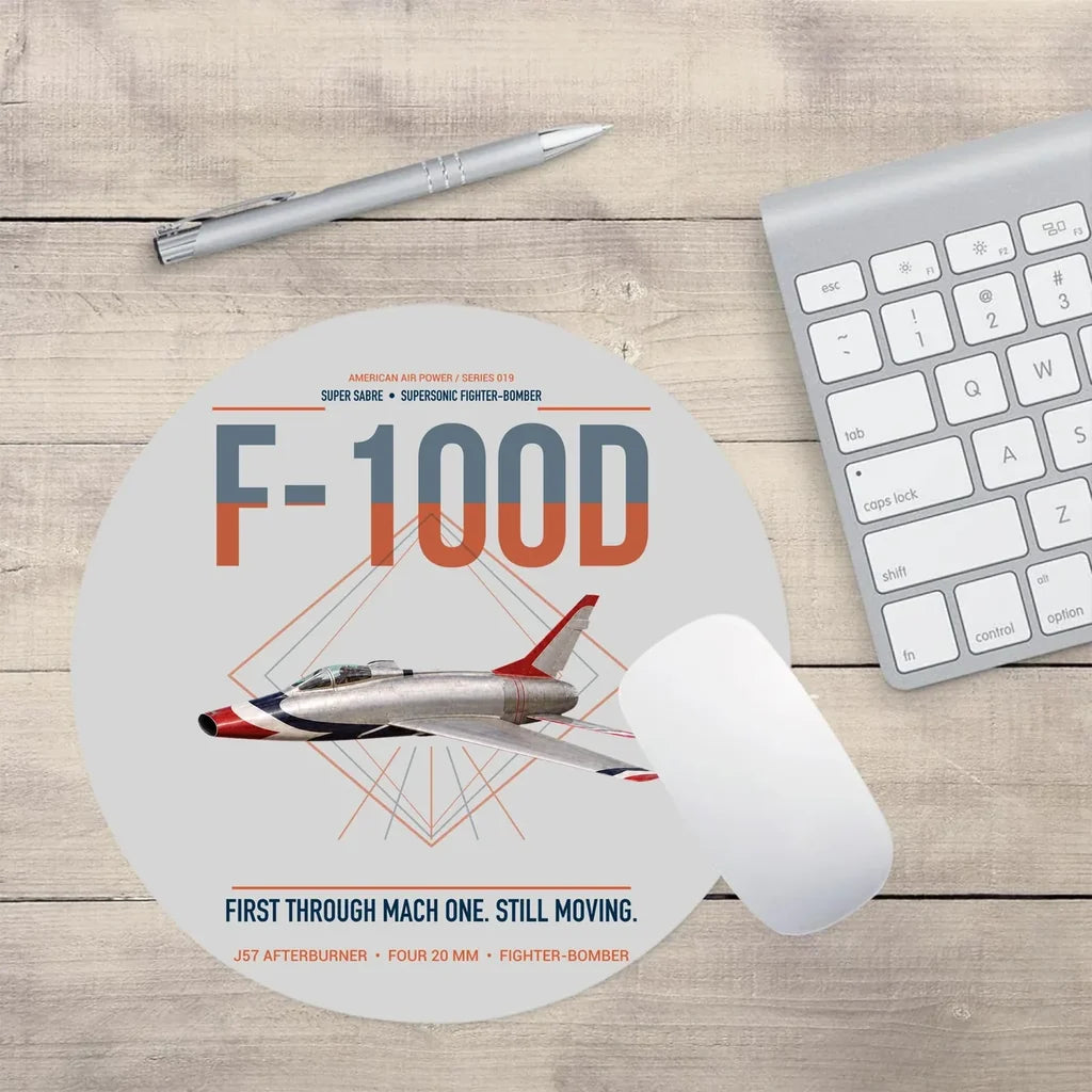F-100D Super Sabre design on light gray round mouse pad