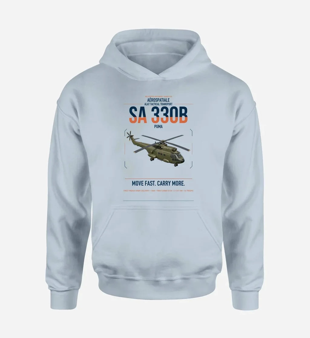 Aérospatiale SA 330B Puma design on light blue double-side hoodie, single-side print