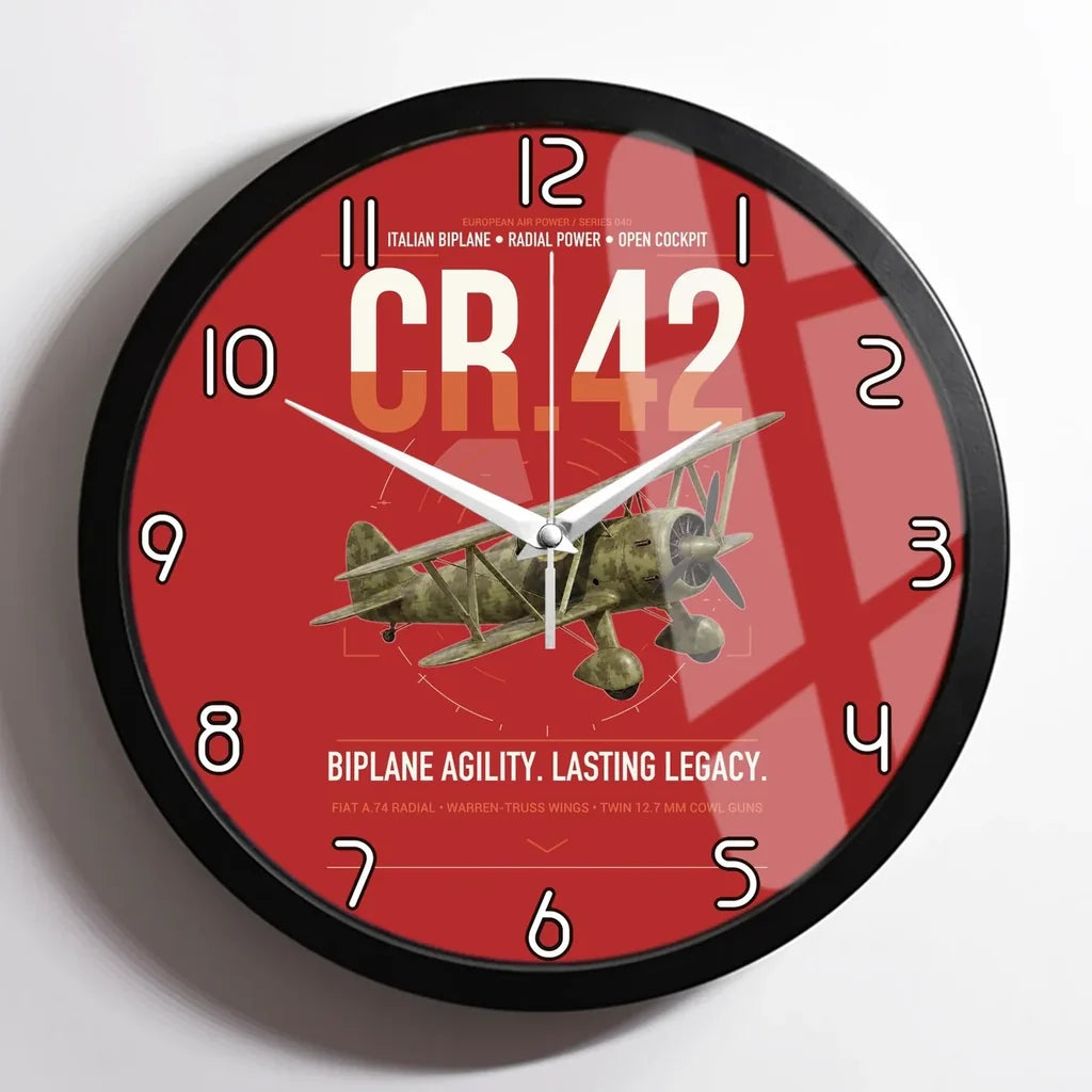 Fiat CR.42 Falco design on red framed wall clock