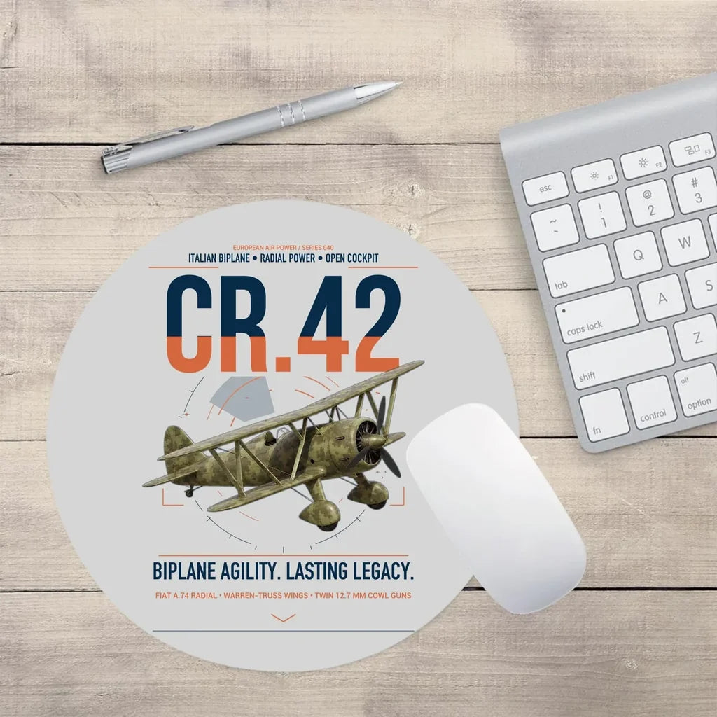 Fiat CR.42 Falco design on light gray round mouse pad