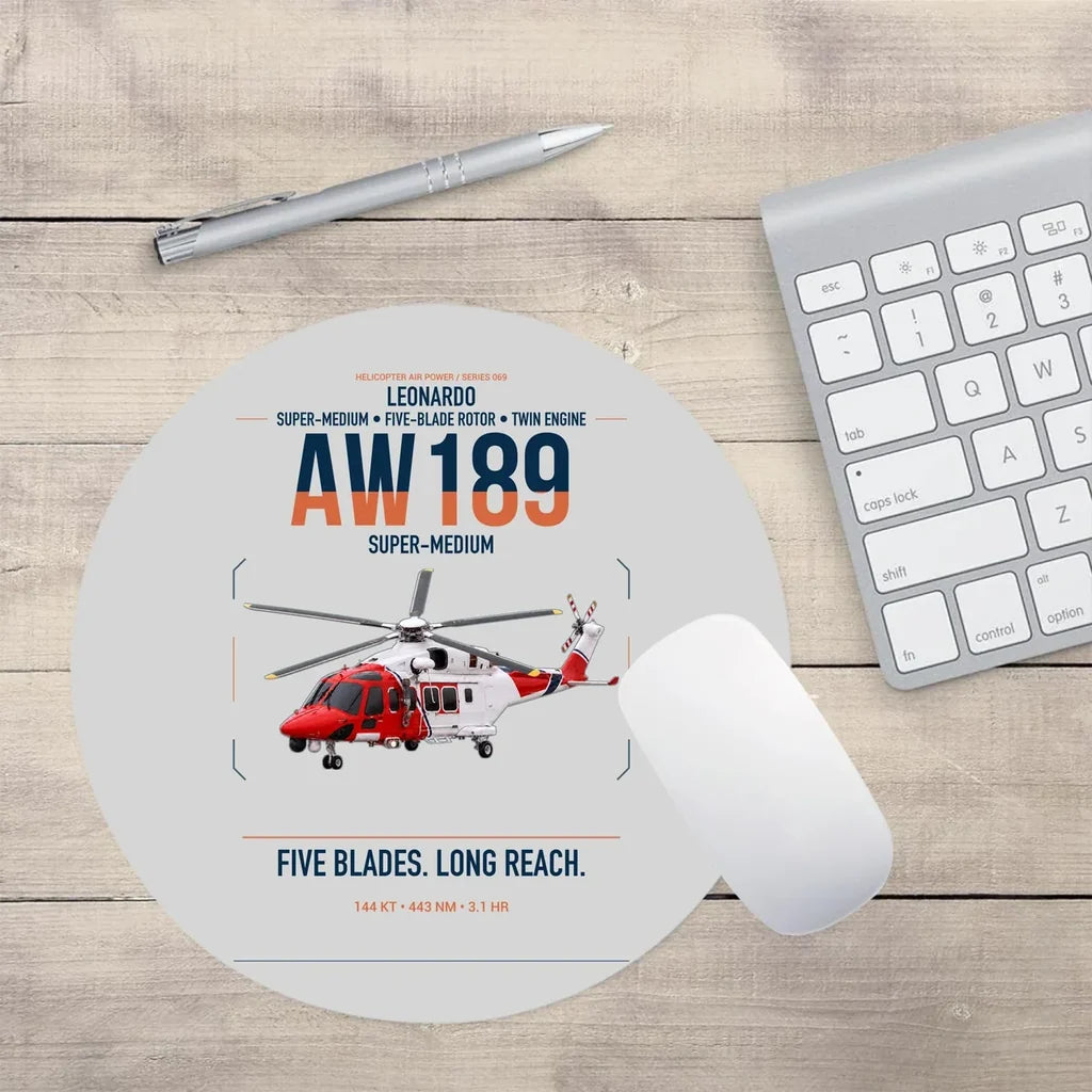 Leonardo AW189 design on light gray round mouse pad
