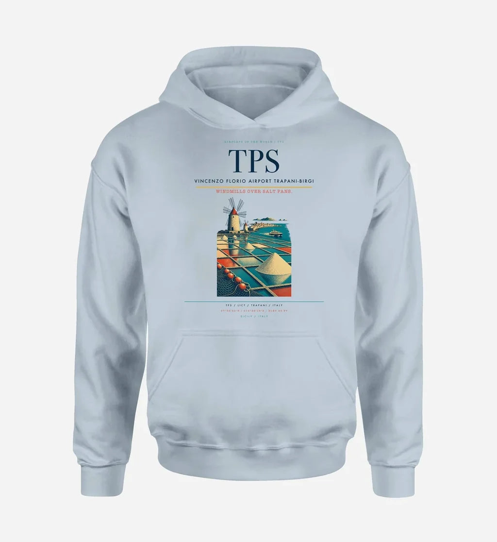 Vincenzo Florio Airport Trapani-Birgi (TPS) design on light blue hoodie single-side print