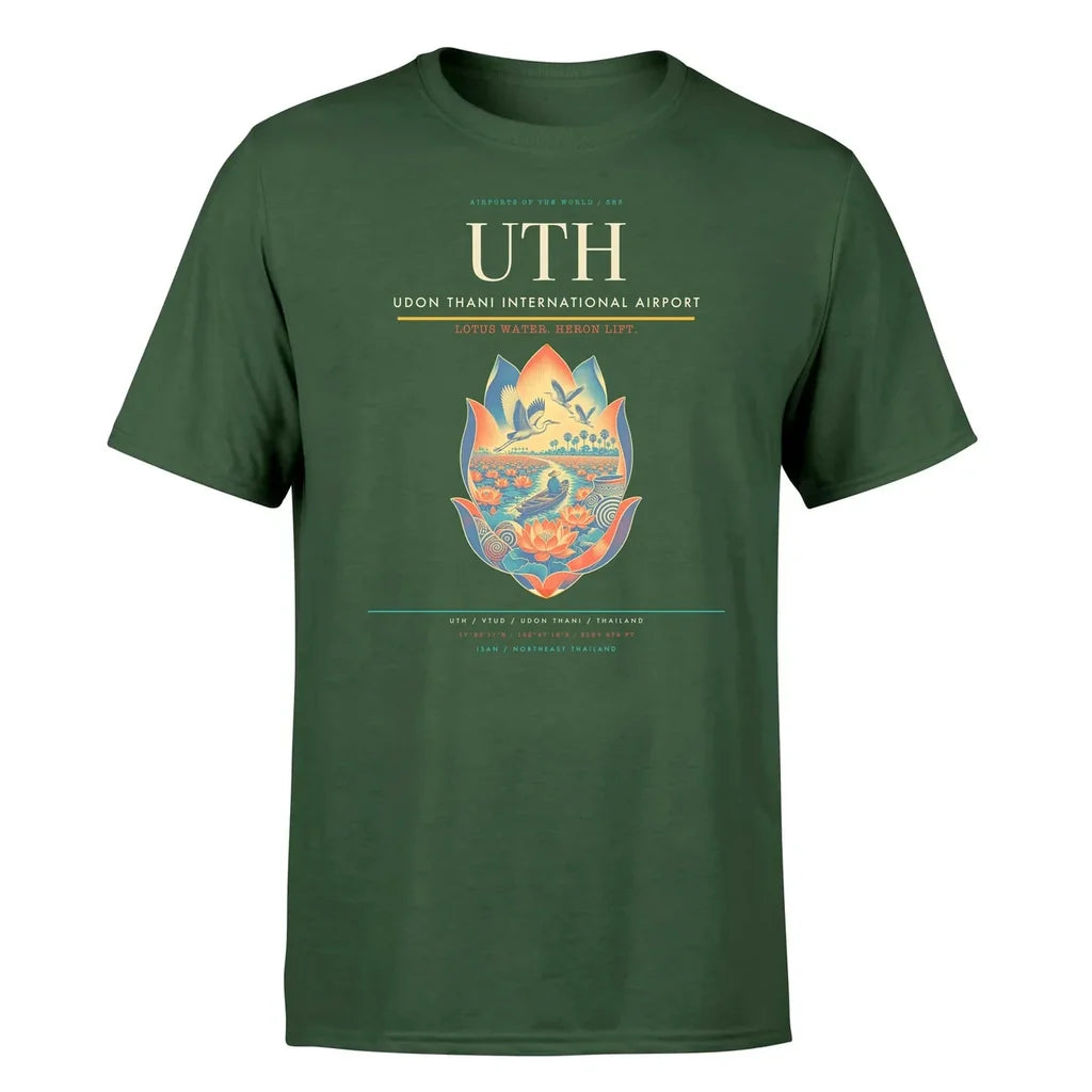 Udon Thani International Airport (UTH) T-Shirt single-side front print in Dark Green | udon-thani-international-airport-uth-double-side-t-shirt