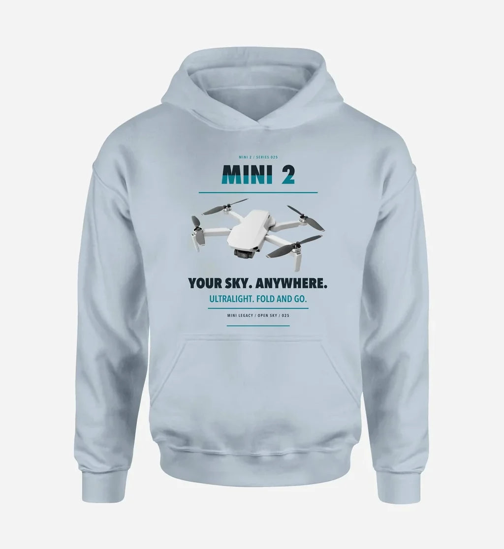 DJI Mini 2 design on light blue hoodie single side