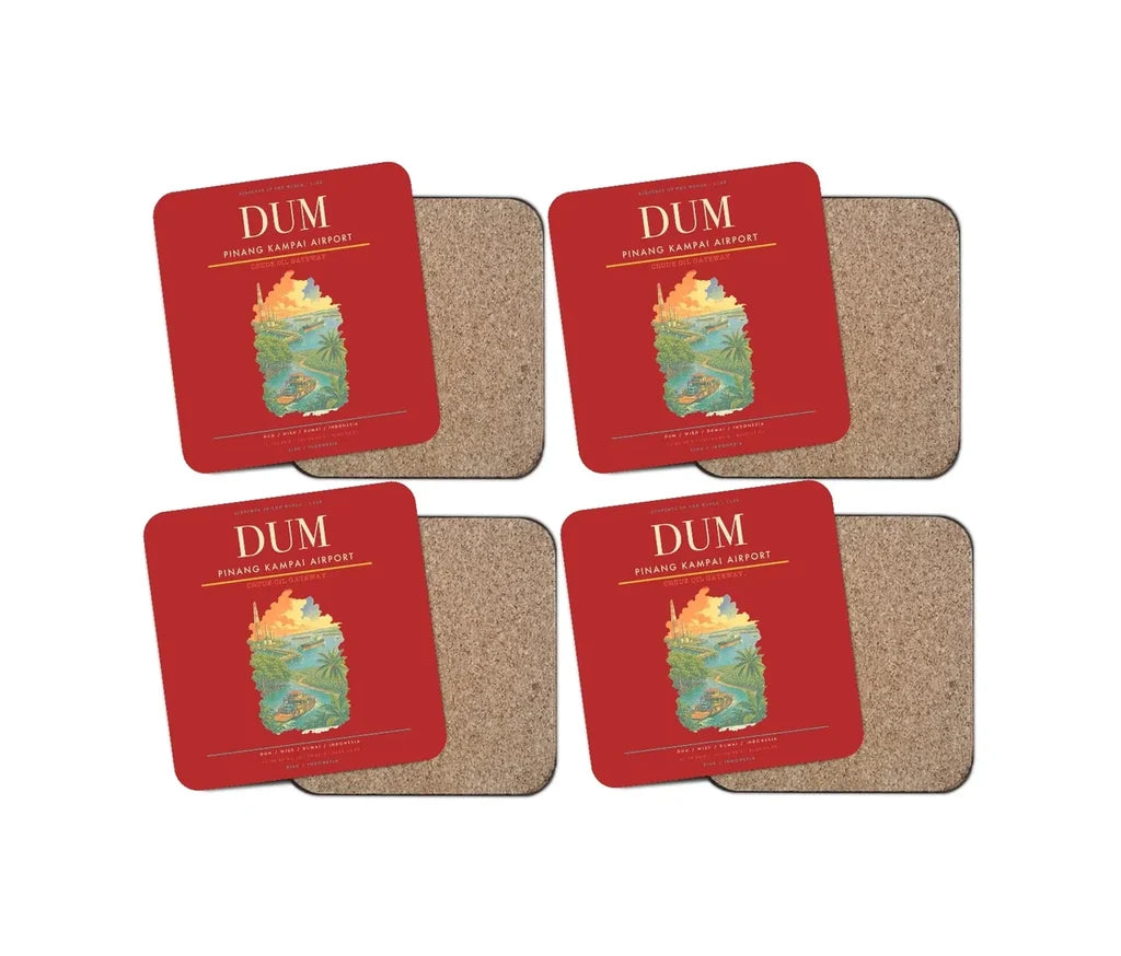 Pinang Kampai Airport (DUM) design on red 4 pieces set coaster