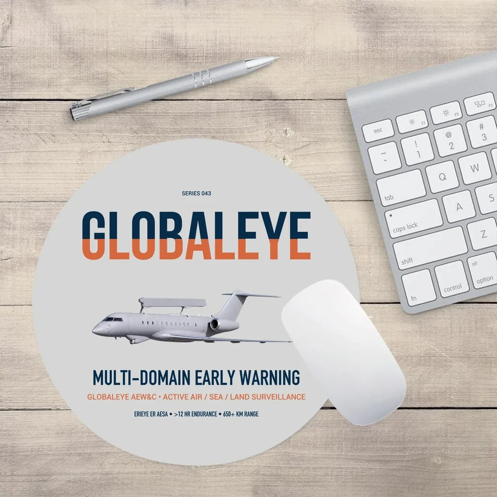Saab GlobalEye design on light gray round mouse pad