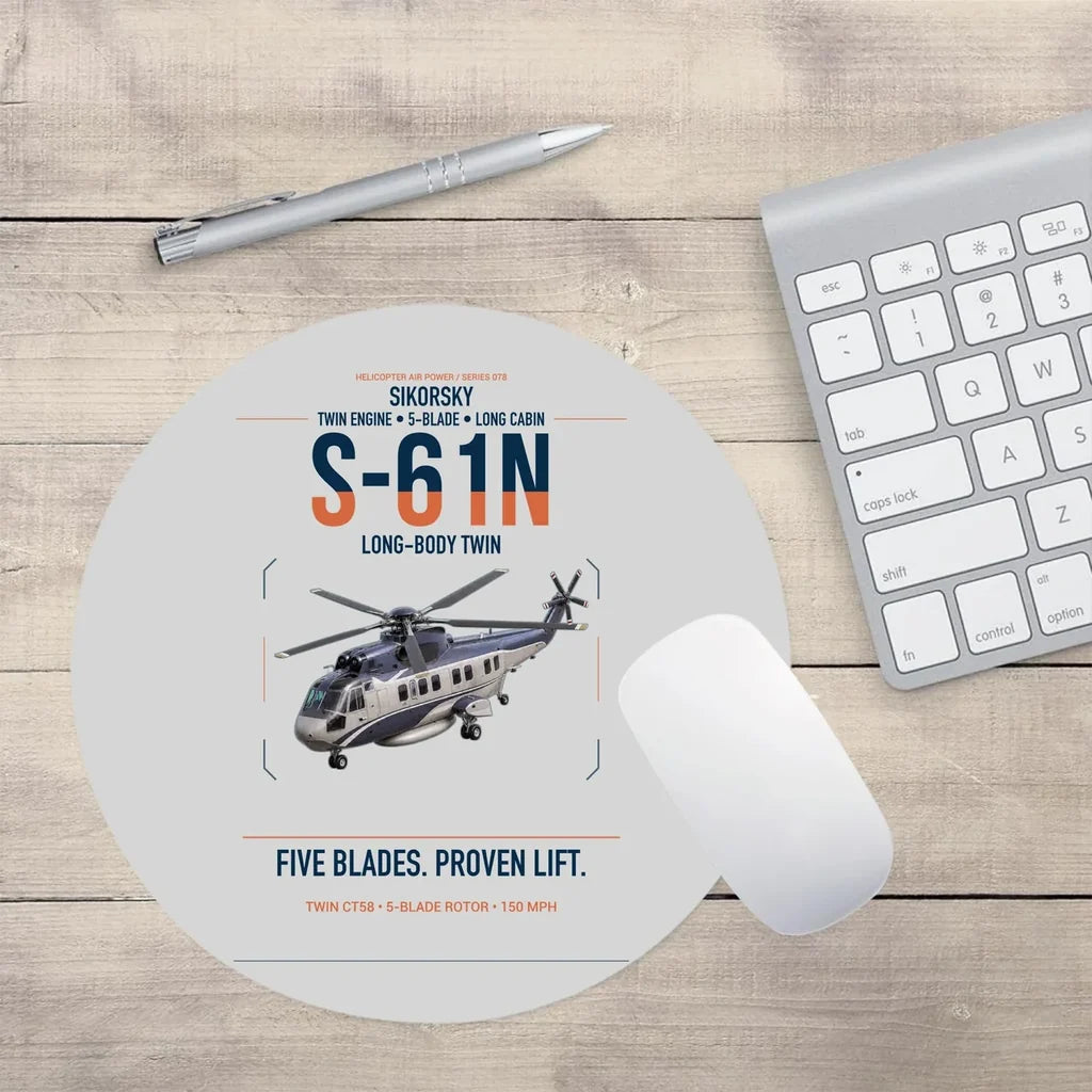 Sikorsky S-61N design on light gray round mouse pad