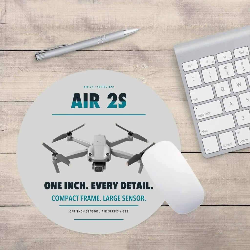 DJI Air 2S design on light gray round mouse pad