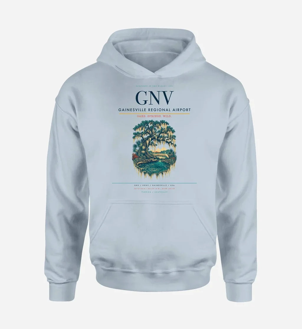 Gainesville Regional Airport (GNV) design on light blue hoodie single-side print