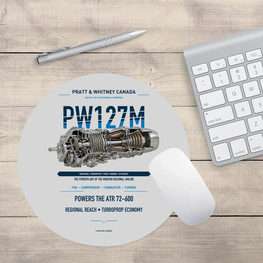 PW127M design on light gray round mouse pad