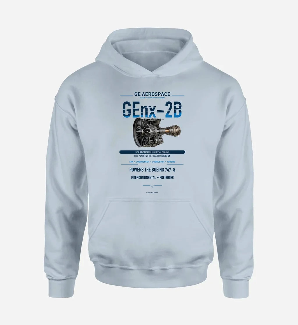 GEnx-2B design on light blue hoodie single side