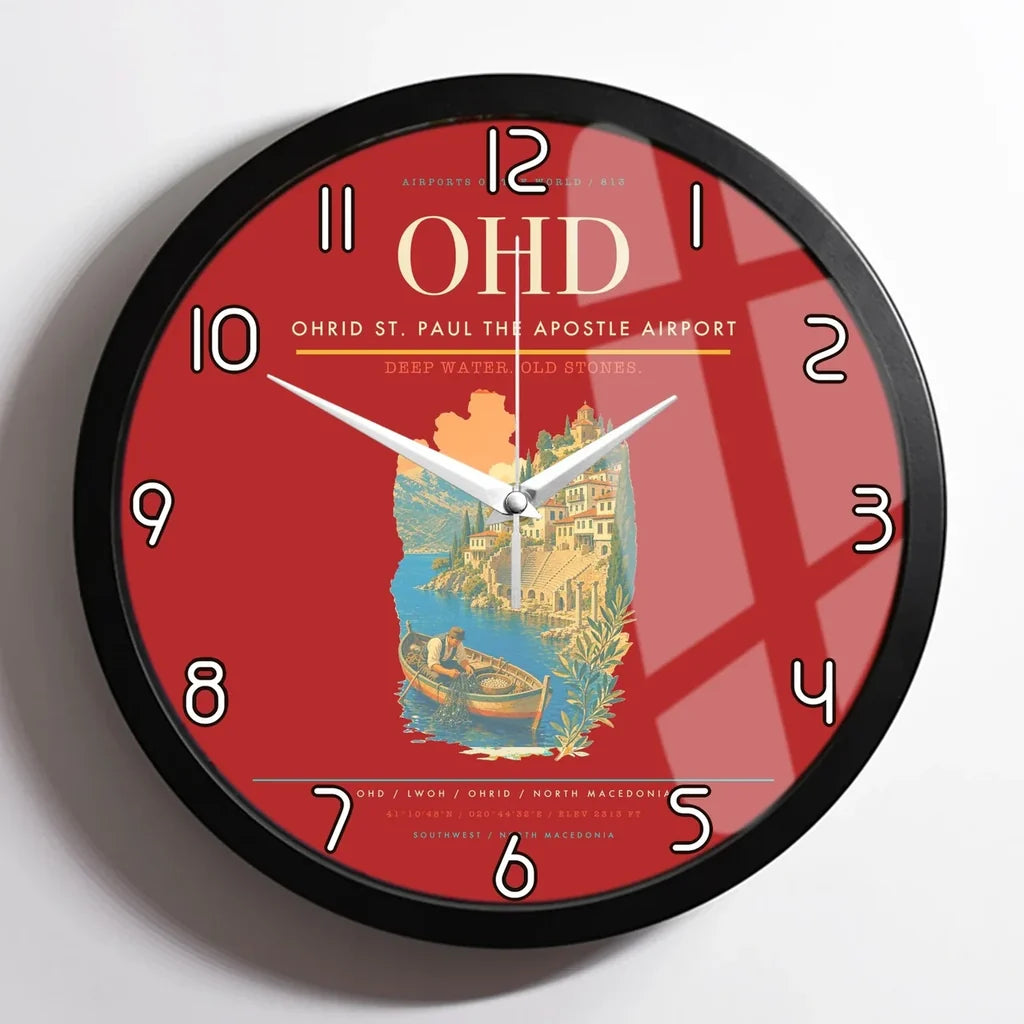 Ohrid St. Paul the Apostle Airport (OHD) design on red framed wall clock