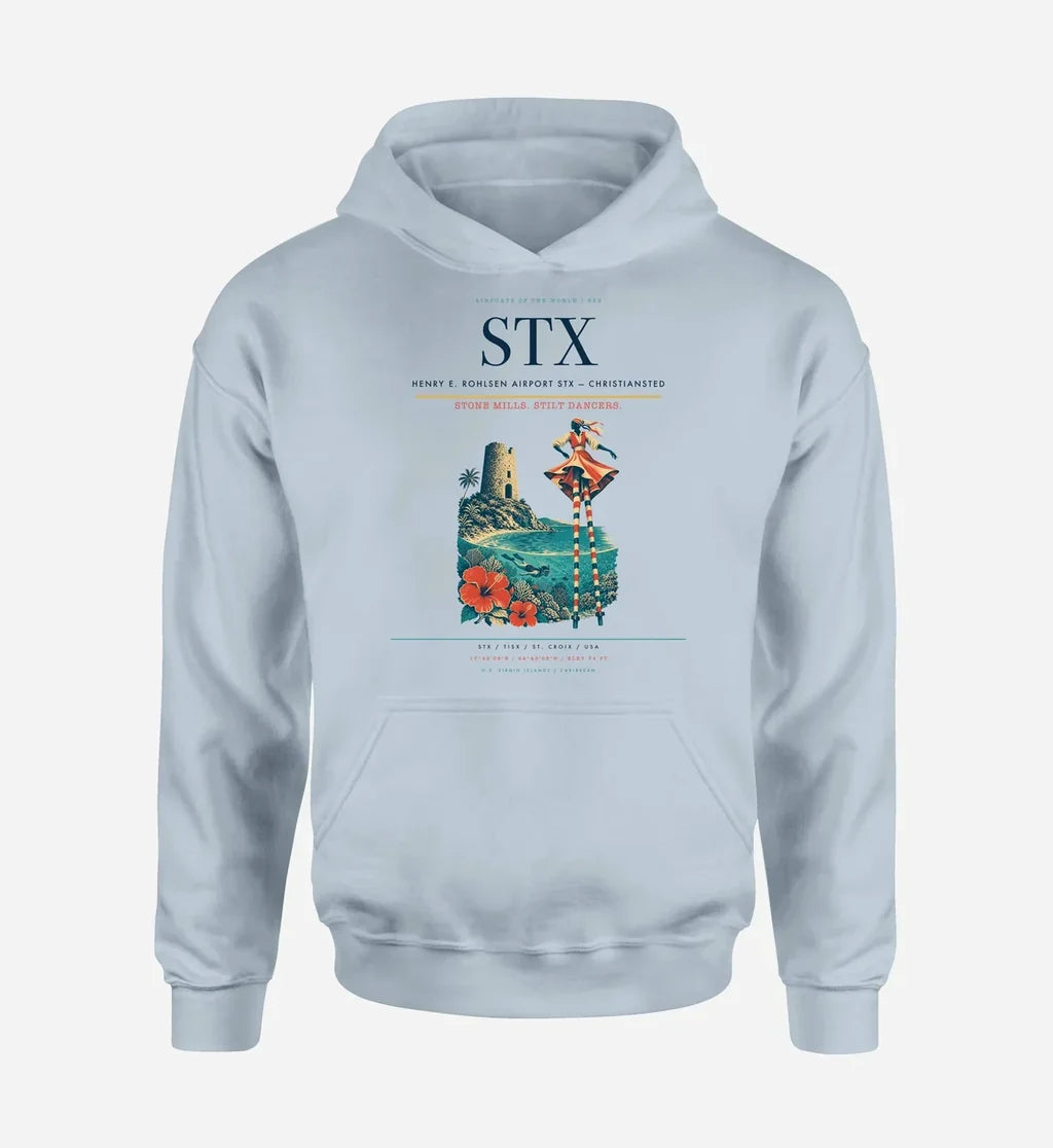 Henry E. Rohlsen Airport (STX) design on light blue hoodie single-side print