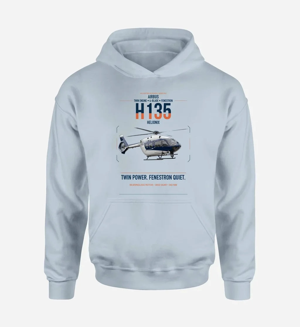 Airbus H135 design on light blue double-side hoodie, single-side print