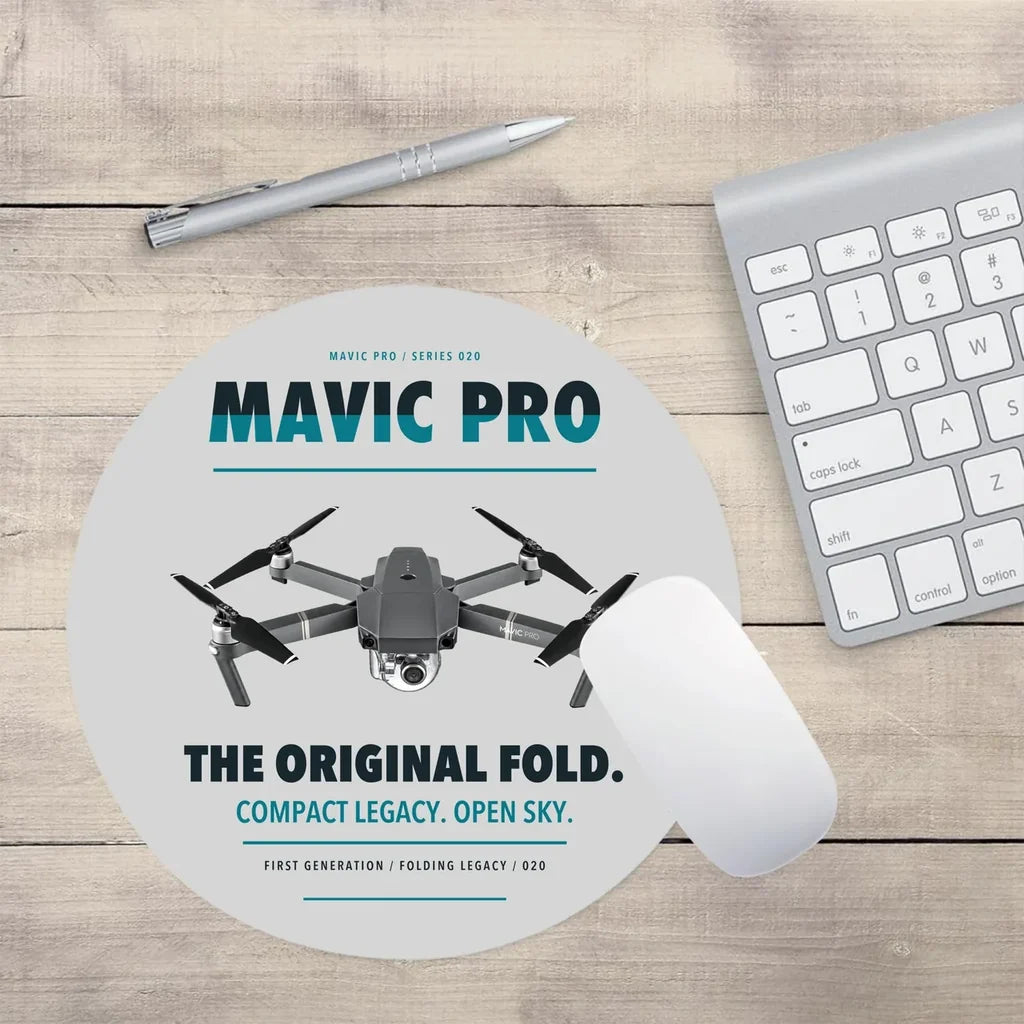 DJI Mavic Pro design on light gray round mouse pad