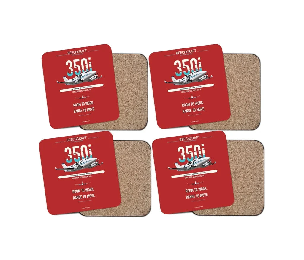 Beechcraft King Air 350i design on red 4 pieces set coaster