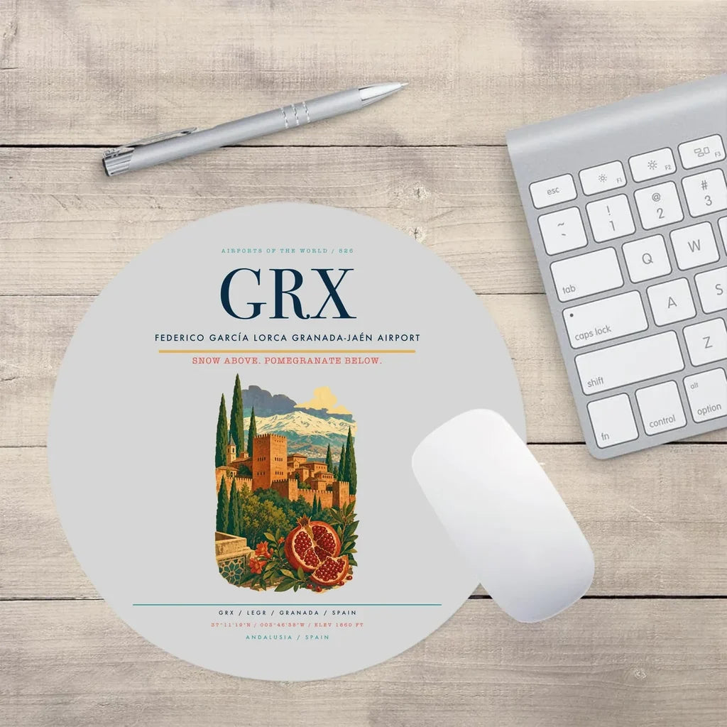 Federico García Lorca Granada-Jaén Airport (GRX) design on light gray round mouse pad