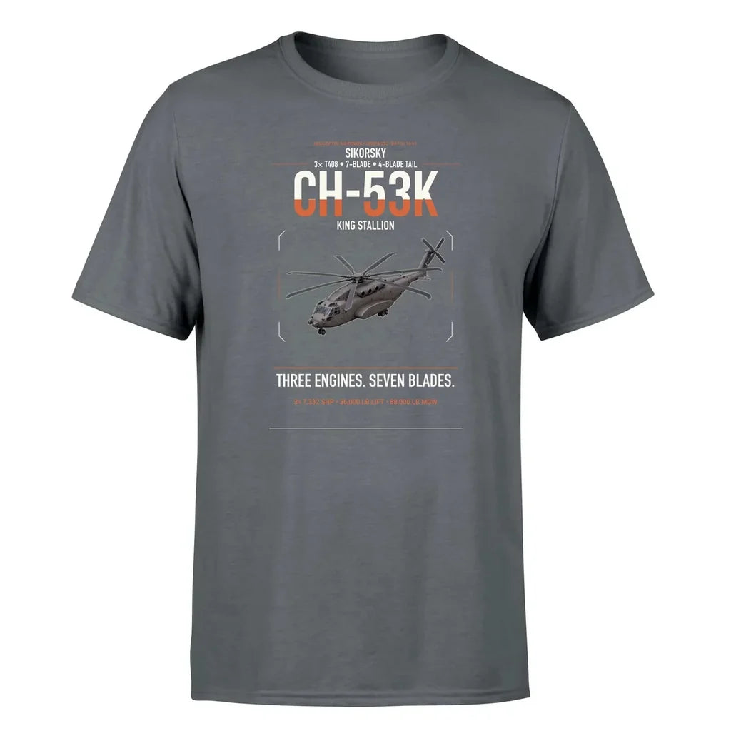 Sikorsky CH-53K King Stallion design on gray t-shirt, single-side print