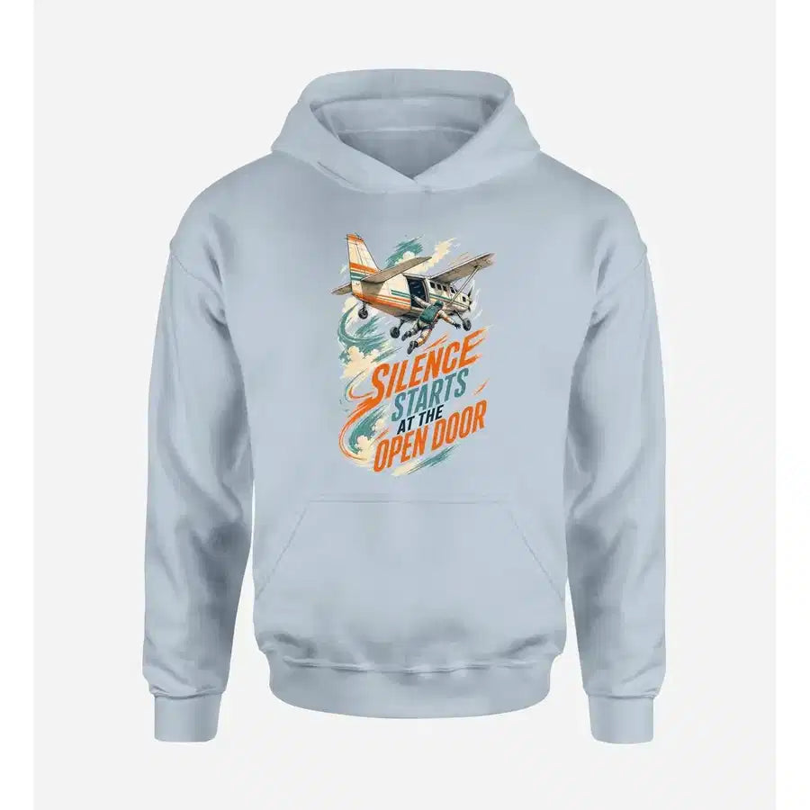 SIGNAL 657 - Silence Starts At The Open Door design on light blue hoodie single side