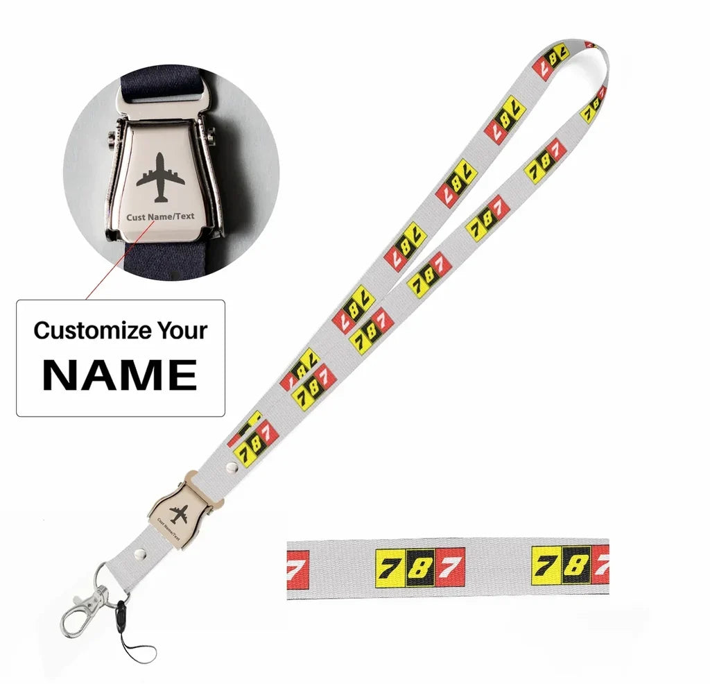 Flat Colourful 787 seat belt lanyard - white with name