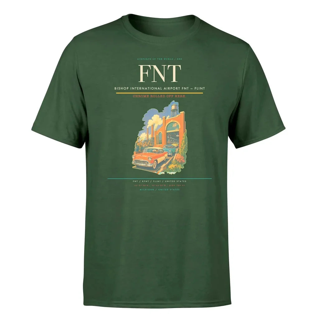 Bishop International Airport (FNT) T-Shirt single-side front print in Dark Green | bishop-international-airport-fnt-double-side-t-shirt
