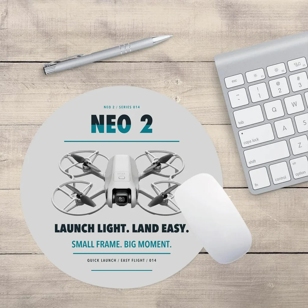 DJI Neo 2 design on light gray round mouse pad