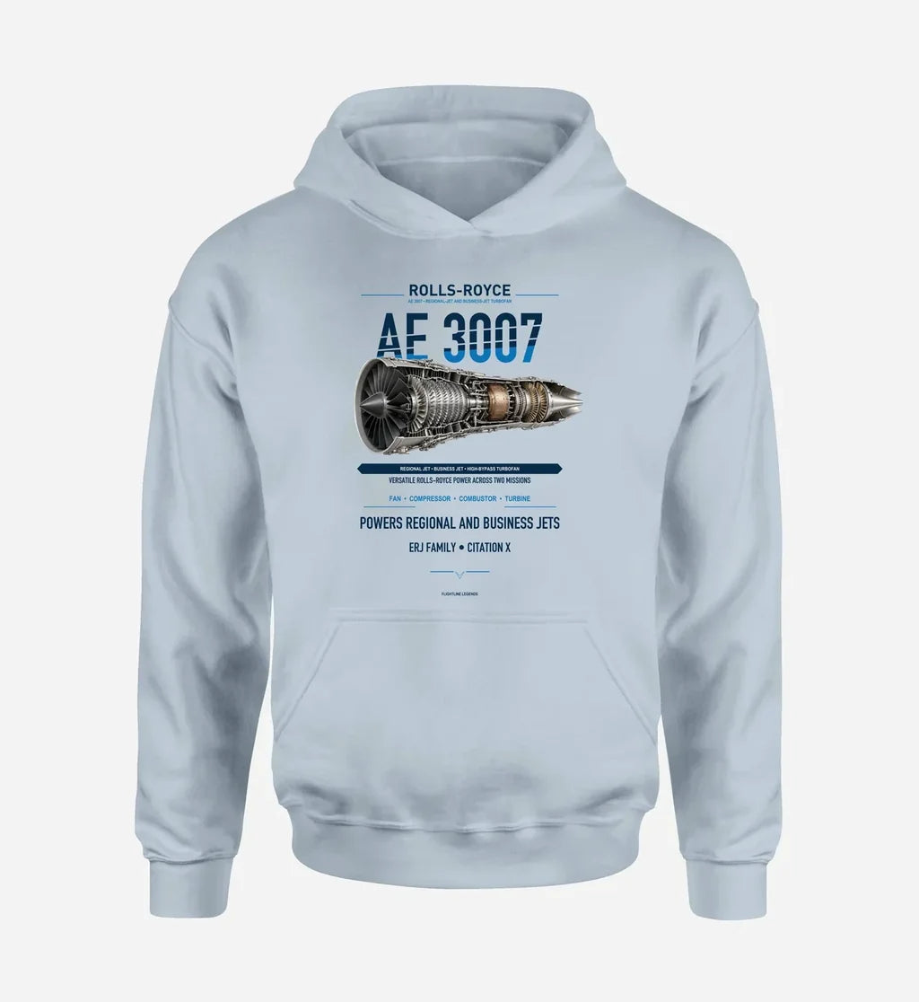 AE 3007 design on light blue hoodie single side