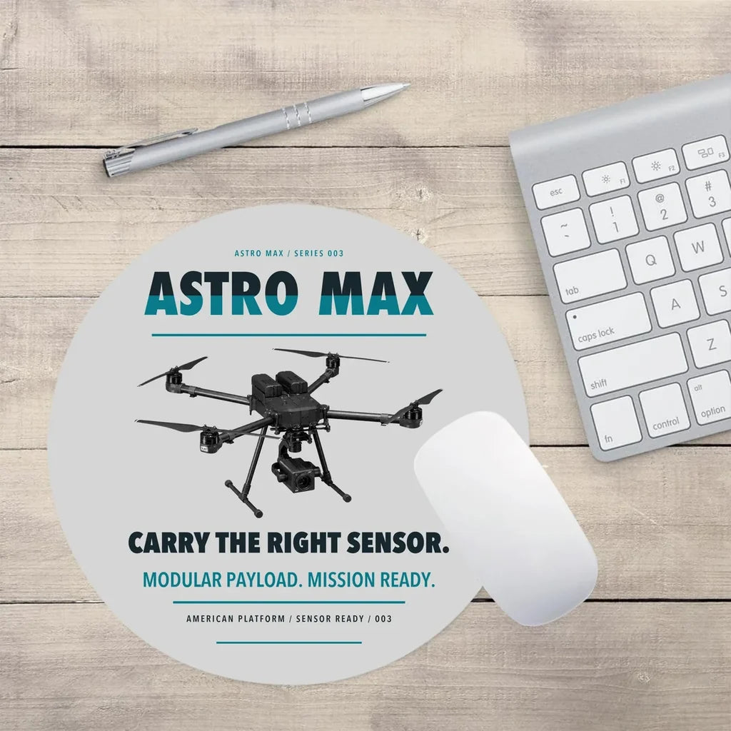 Freefly Astro Max design on light gray round mouse pad