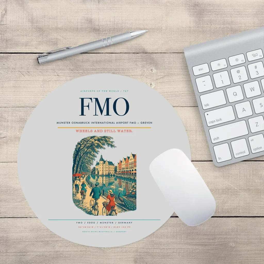 Munster Osnabruck International Airport (FMO) design on light gray round mouse pad