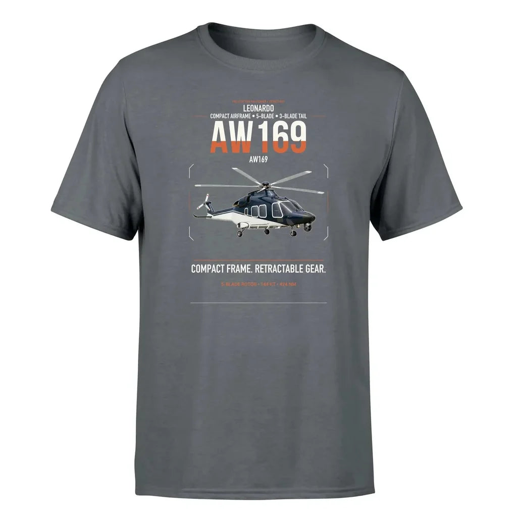 Leonardo AW169 design on gray t-shirt, single-side print
